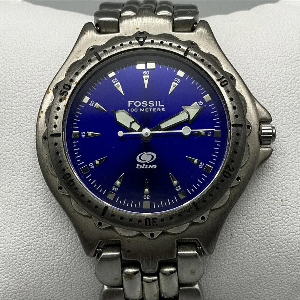 Vintage Fossil Blue AM-36GZ Mens Watch 40mm Blue Dial Diver New Battery 7.5